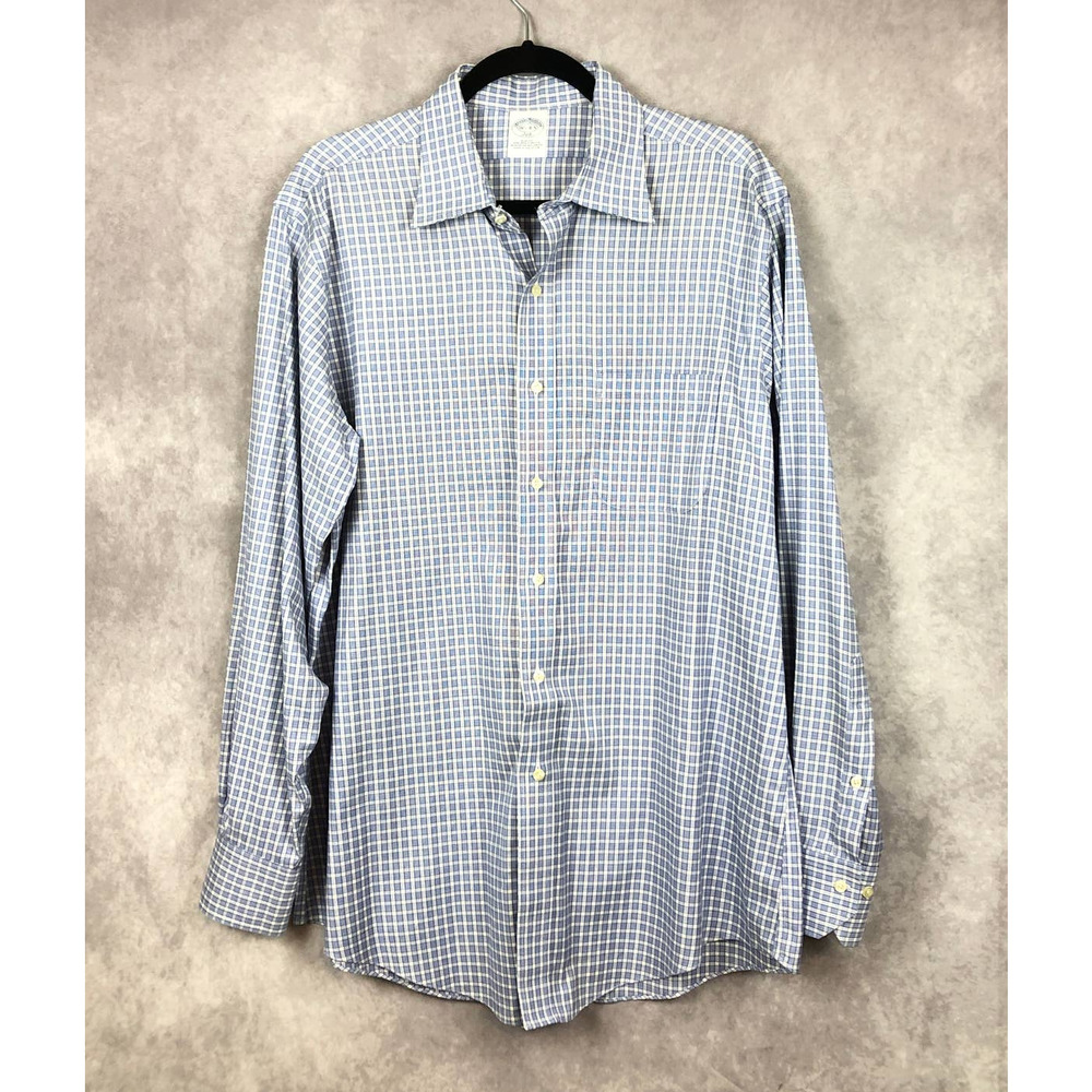 Bobbie Brooks Shirt Mens 16.5 Slim Fit No Iron Stretch Plaid Blue White Cotton